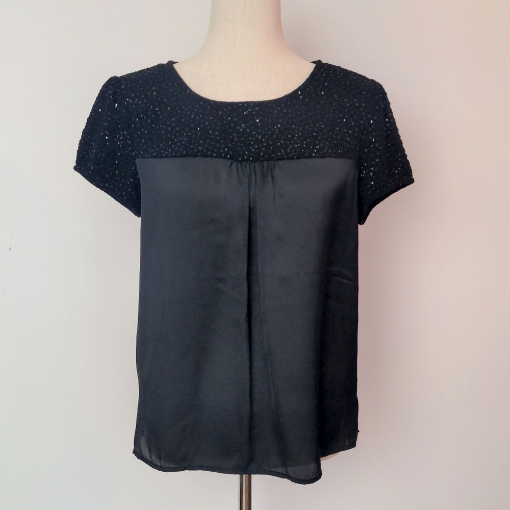 Sparkle & Satin Black Short Sleeve Tee Blouse S M